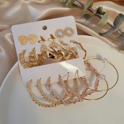 Stylish Multi Pattern 9 Pairs Big Hoop Earrings Set